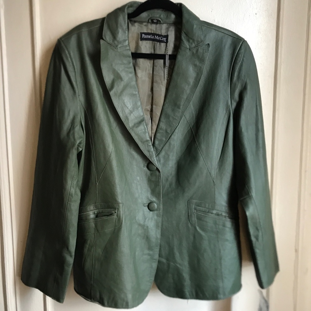 Pamela McCoy Genuine Leather Jacket Olive Green Women 1X NWT